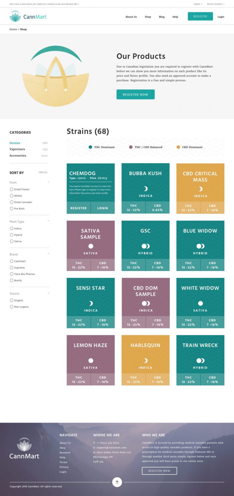 Product Collection Page, showing the colour coding system allowing customers to quickly identify their desired products.